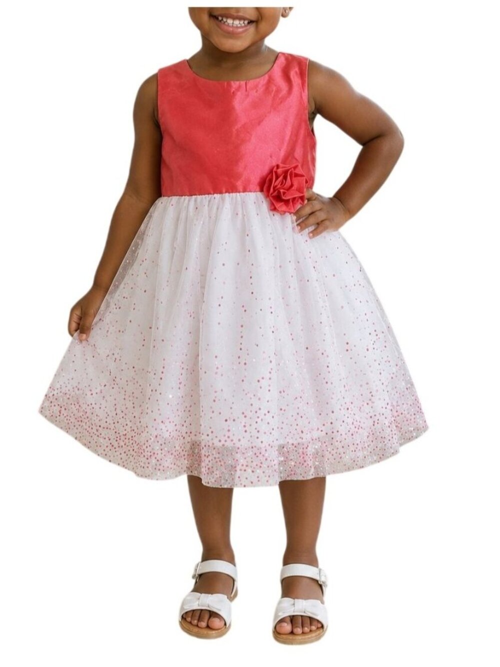 George Girls Size 3T Dress Coral Red Rose Accent Bow White Tulle Overlay Sparkle